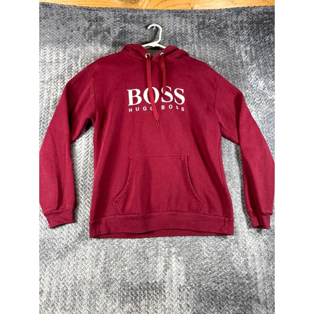 Hugo Boss Hoodie Mens Maroon Spellout Logo Long Sleeve Sporty Casual Pullover